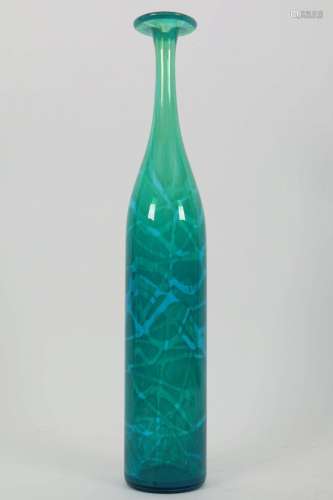Signed Blue Art Glass Tall Bottle Vase, Malta