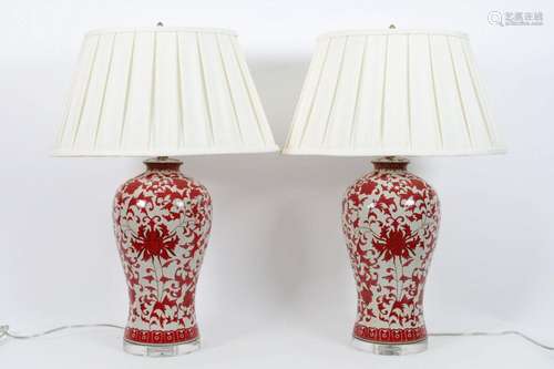 Pair of Red and White Chinoiserie Lamps