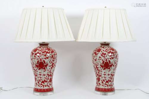 Pair of Red and White Chinoiserie Lamps