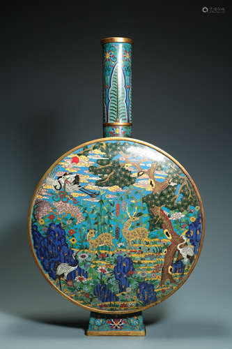 QING DYNASTY - COPPER BODY FILIGREE ENAMEL CRANE DEER BOTTLE