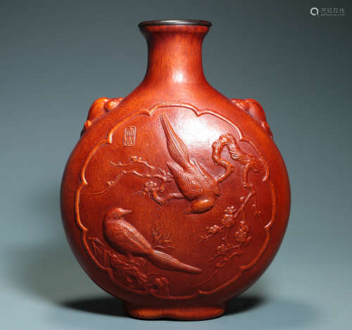 QING DYNASTY - PAO WARE, MAGPIE CLIMBING PLUM POEM BOTTLE