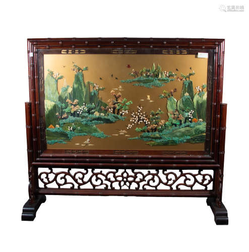 QING DYNASTY - ROSEWOOD INLAID WITH SAPPHIRE AND AGATE