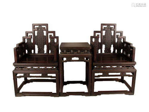 QING DYNASTY - RED SANDAL GRAND MASTER CHAIR [3 PIECES]