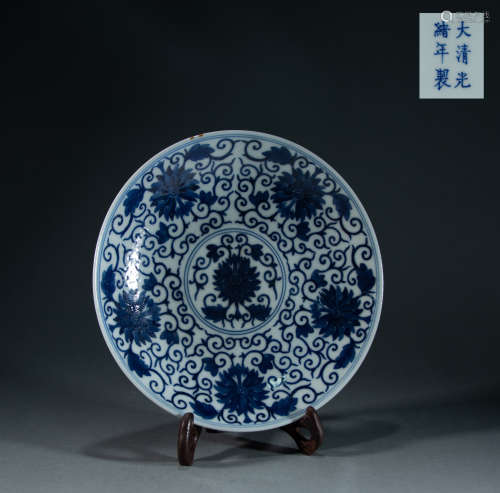 QING DYNASTY - BLUE AND WHITE LOTUS PLATE