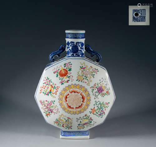 QING DYNASTY - BLUE AND WHITE FLAT VASE WITH COLORFUL EIGHT ...