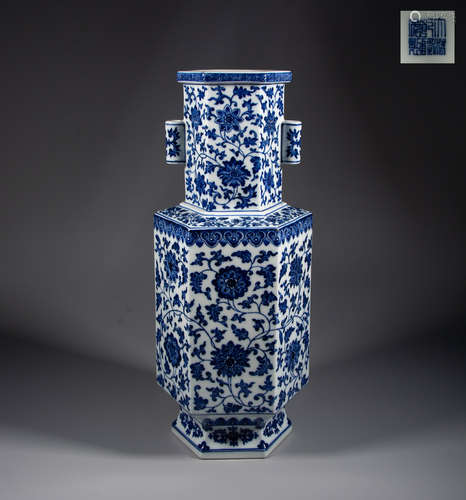 QING DYNASTY - BLUE AND WHITE VASE WITH LOTUS DESIGN