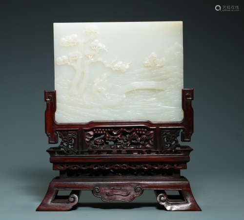 QING DYNASTY - SCREEN INSERT OF WHITE JADE LANDSCAPE CHARACT...