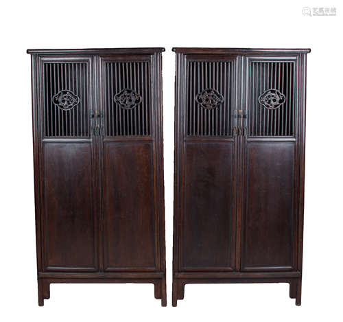 QING DYNASTY - RED SANDALWOOD NOODLE CABINET [A PAIR]