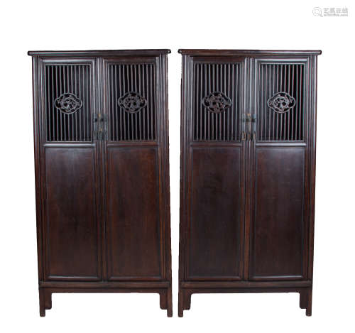 QING DYNASTY - RED SANDALWOOD NOODLE CABINET [A PAIR]