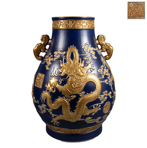 QING DYNASTY - ENAMEL COLOR RELIEF GOLD CLOUD DRAGON PATTERN...