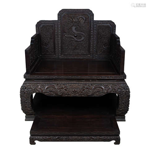 QING DYNASTY - RED SANDALWOOD RELIEF DRAGON CHAIR WITH CLOUD...