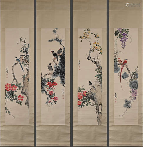 WANG XUETAO - FOUR STRIPS OF FLOWERS AND BIRDS - PAPER LINEN...