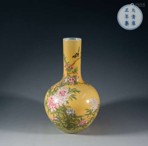 QING DYNASTY - YELLOW EARTH VASE WITH FLOWER AND BIRD PATTER...