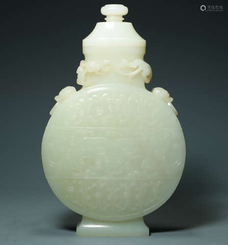 QING DYNASTY - WHITE JADE BEAST FACE DRAGON PATTERN VASE