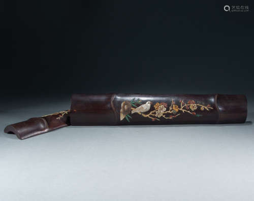 QING DYNASTY - RED SANDALWOOD INLAID WITH HUNDREDS OF TREASU...