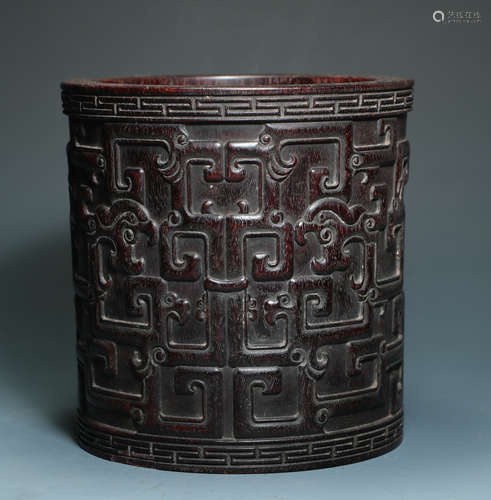 QING DYNASTY - RED SANDALWOOD CALLIGONS DRAGON PATTERN PENHO...