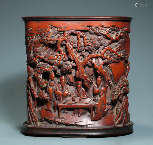 QING DYNASTY - BOXWOOD PINE FOREST ELEGANT GATHERING BRUSH P...