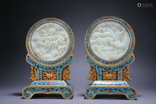 A pair of cloisonne inlaid jade landscape character stories