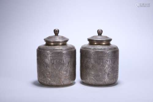 Old Tibetan sterling silver pavilion character story tea pot