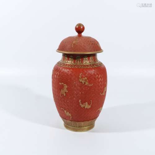 Red-glazed bat-pattern lidded jar