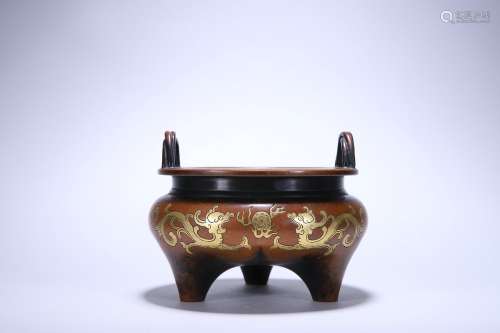 Old Tibetan bronze incense burner with gold dragon pattern