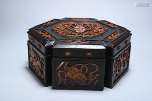 Old Tibetan red sandalwood inlay box with chilong pattern li...