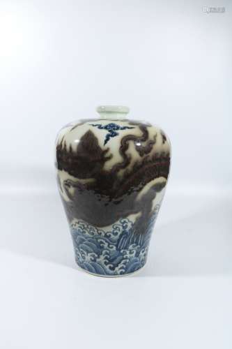Blue and white underglaze plum vase with red dragon pattern