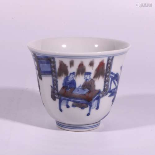 Blue and white underglaze red character cup