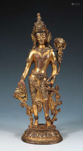 QING DYNASTY - BRONZE GILDED LOTUS HAND AVALOKITESVARA