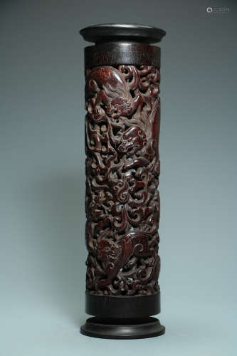 QING DYNASTY - RED SANDALWOOD CARVED INCENSE CANISTER WITH L...