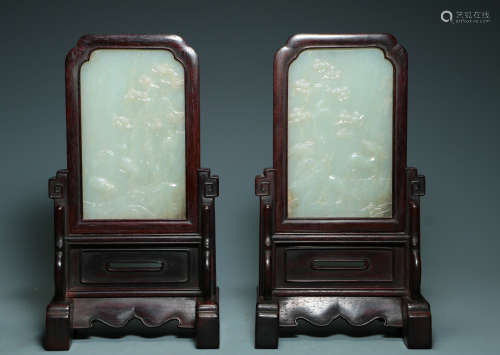 QING DYNASTY - ROSEWOOD INLAID WITH WHITE JADE, CRANE AND DE...
