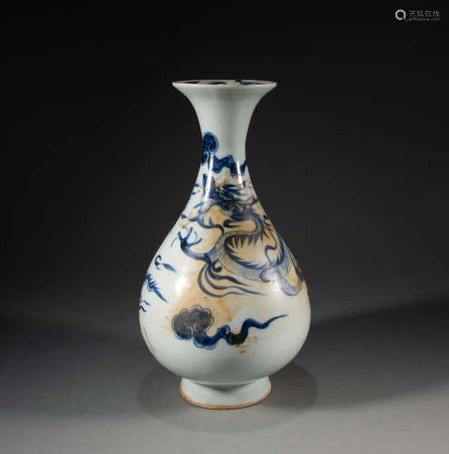 ANCIENT CHINA - BLUE AND WHITE JADE BOTTLE WITH CLOUD DRAGON...