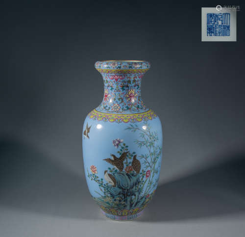 QING DYNASTY - TURQUOISE GREEN SPACE PINK FLOWER BOTTLE