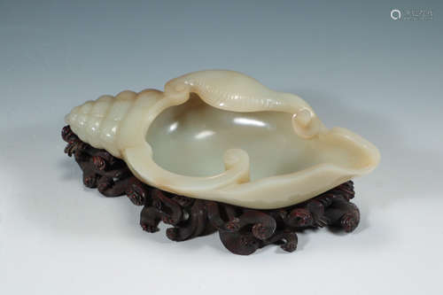 QING DYNASTY - HOTAN WHITE JADE CONCH SHAPED STUDY BRUSH WAS...