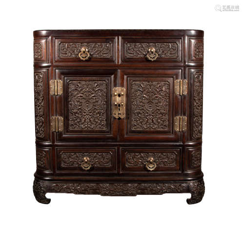 QING DYNASTY - RED SANDALWOOD PASSIONFLOWER ROUND CORNER CAB...