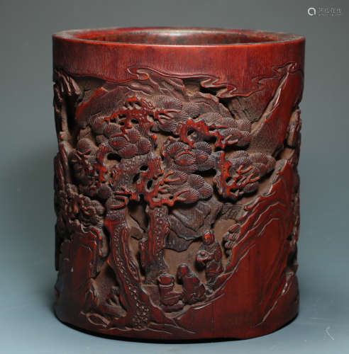 QING DYNASTY - BAMBOO CARVED LANDSCAPE CHARACTER BRUSH HOLDE...