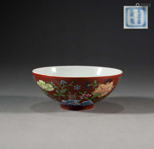 QING DYNASTY - SMALL BOWL WITH FLOWERS ON CORAL RED GROUND