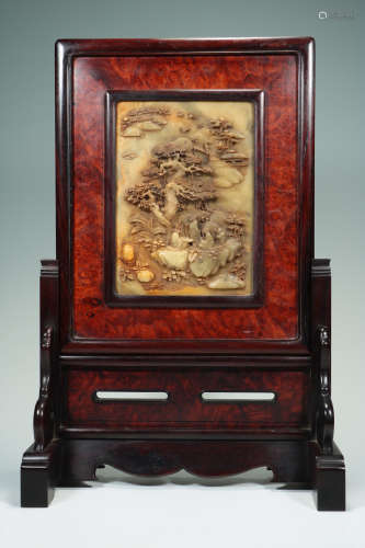 QING DYNASTY - ROSEWOOD INLAID WITH SHOUSHAN STONE LANDSCAPE...