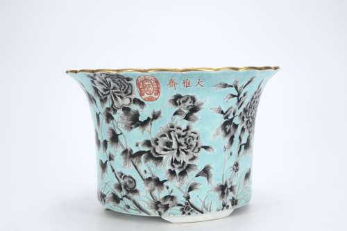 Blue Glaze Ink Painted Gold Flower Pot