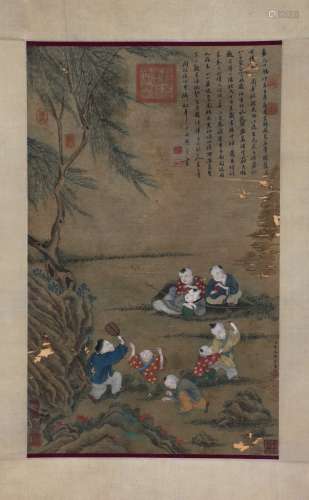 Jin Tingbiao's old silk baby play picture vertical scroll