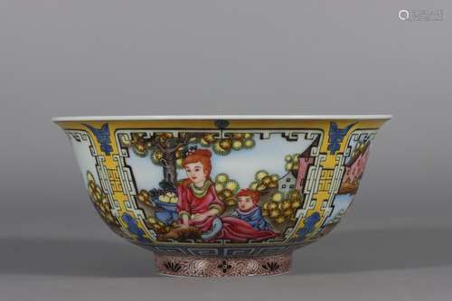 Enamel and Yellow Floor Window Figure Bowl