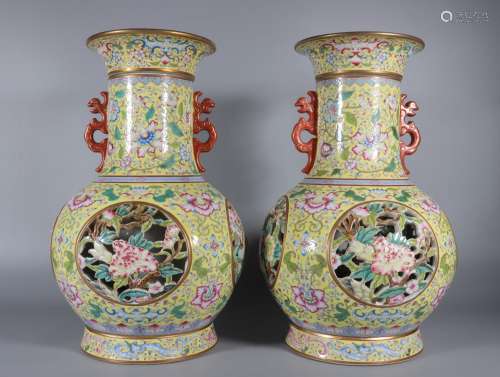 Pair of enamel colored tangled lotus hollowed-out heart-turn...