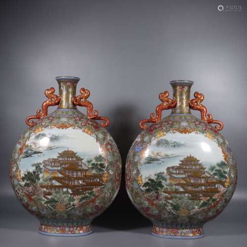 A pair of two-eared moon-holding bottles with pastel windows...