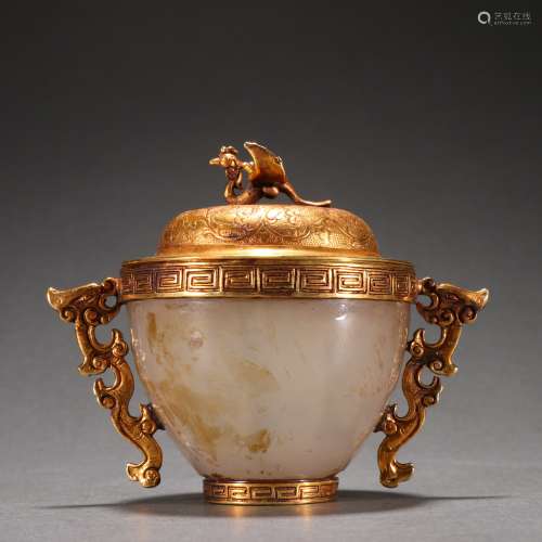 Agate inlaid bronze gilt dragon ear cup