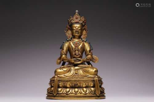 Gilt Bronze Inlaid Treasure Seated Longevity Buddha Statue