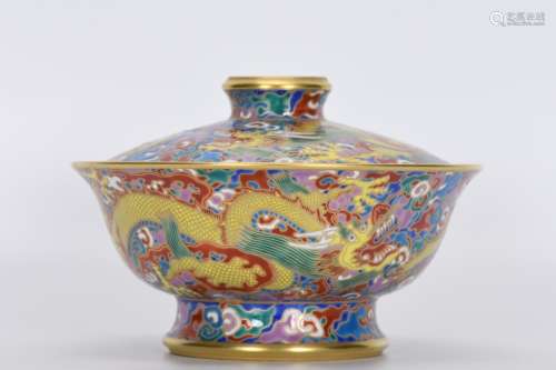 Enamel painted golden cloud and dragon pattern cover bowl