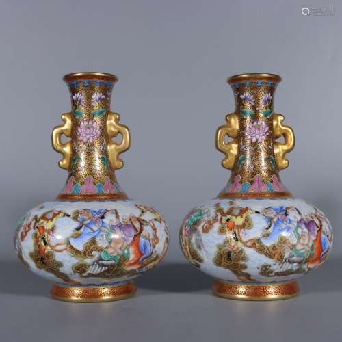 Pair of Enamel Painted Gold Tongjing Eighteen Arhat Amphora