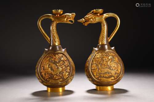 Sterling silver gilt dragon and phoenix pattern pot