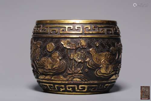 Gilt bronze incense burner with lotus pond and mandarin duck...