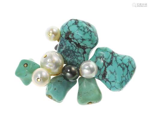 Broche sertie de turquoises et de perl